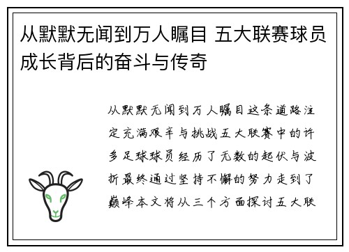 从默默无闻到万人瞩目 五大联赛球员成长背后的奋斗与传奇